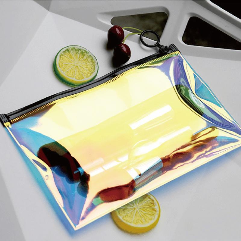 

1pc Clear Laser Makeup Case with Brush Holder&Toiletry Organizer-Cosmetic Bag with Zipper Closure,Travel-Friendly for Durable