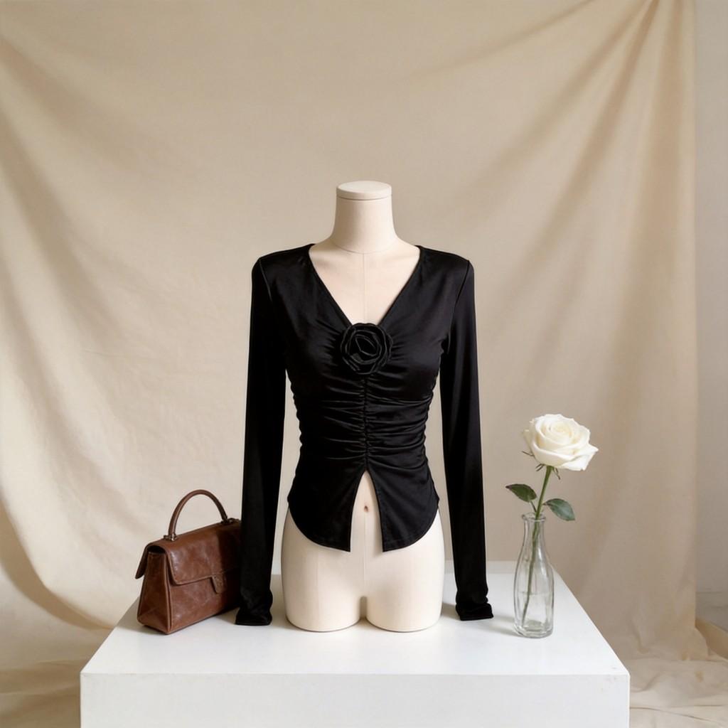 Long Sleeve Spliced Ruffle Flower V Neck T Shirt For Women Spring Slim Fit Top