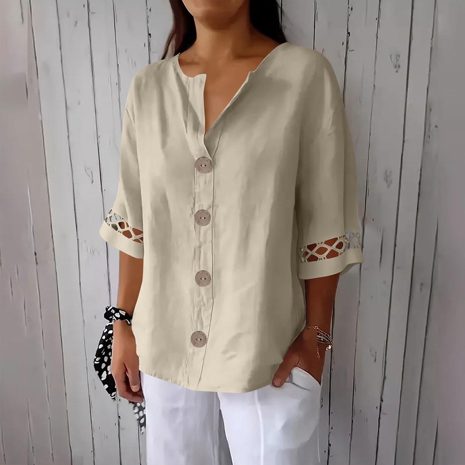 

Womens V Neck Button Down Blouse with 3/4 Sleeve Loose Fit Hollow Out Detail Casual Linen Top Shirt L бежевый