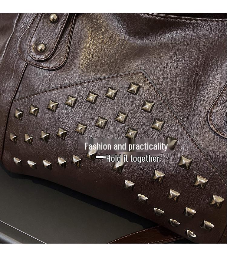 Women's Retro Punk Motorcycle Tote Bag with Rivets - Large Capacity, Fashionable Handheld or Shoulder Style