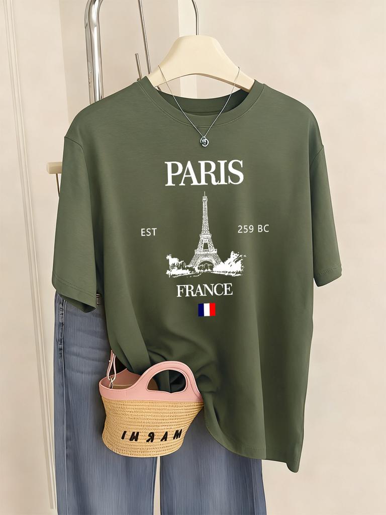 Paris Frankreich Eiffelturm Drucke T-Shirts Damen Sommer Basic Kurzarm Oberteile Rundhals Lockere T-Shirts Basics Weiche Damenkleidung