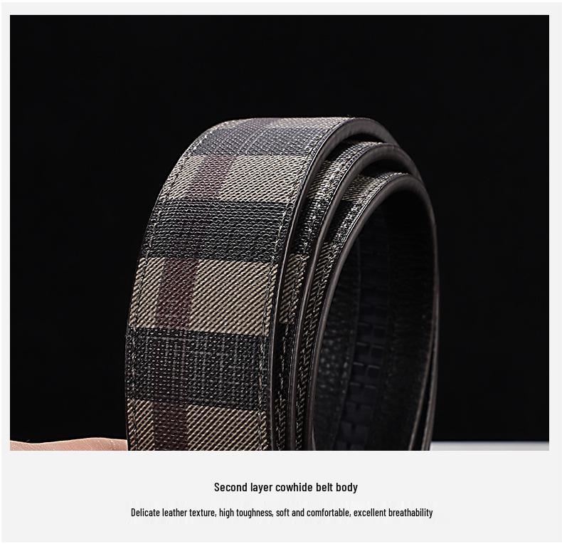 Men's Genuine Leather Belt - Cowhide Plaid with Automatic Buckle, Versatile Business & Fashion Style