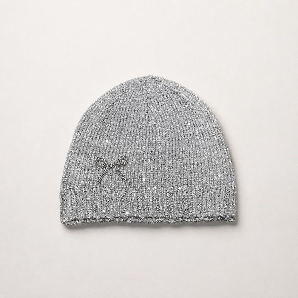 Rhinestone Bow Decor Skull Cap Hat Lightweight Warm Lining Sparkly Beanie Hat  Daily Wear