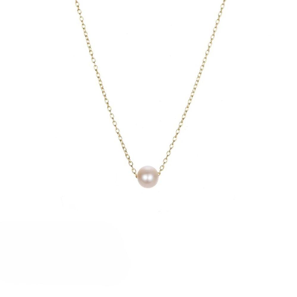 E-Manco Classic Stainless Steel Necklace Simple Imitation  Pearl Pendant Choker Necklace for Women Chain Necklaces