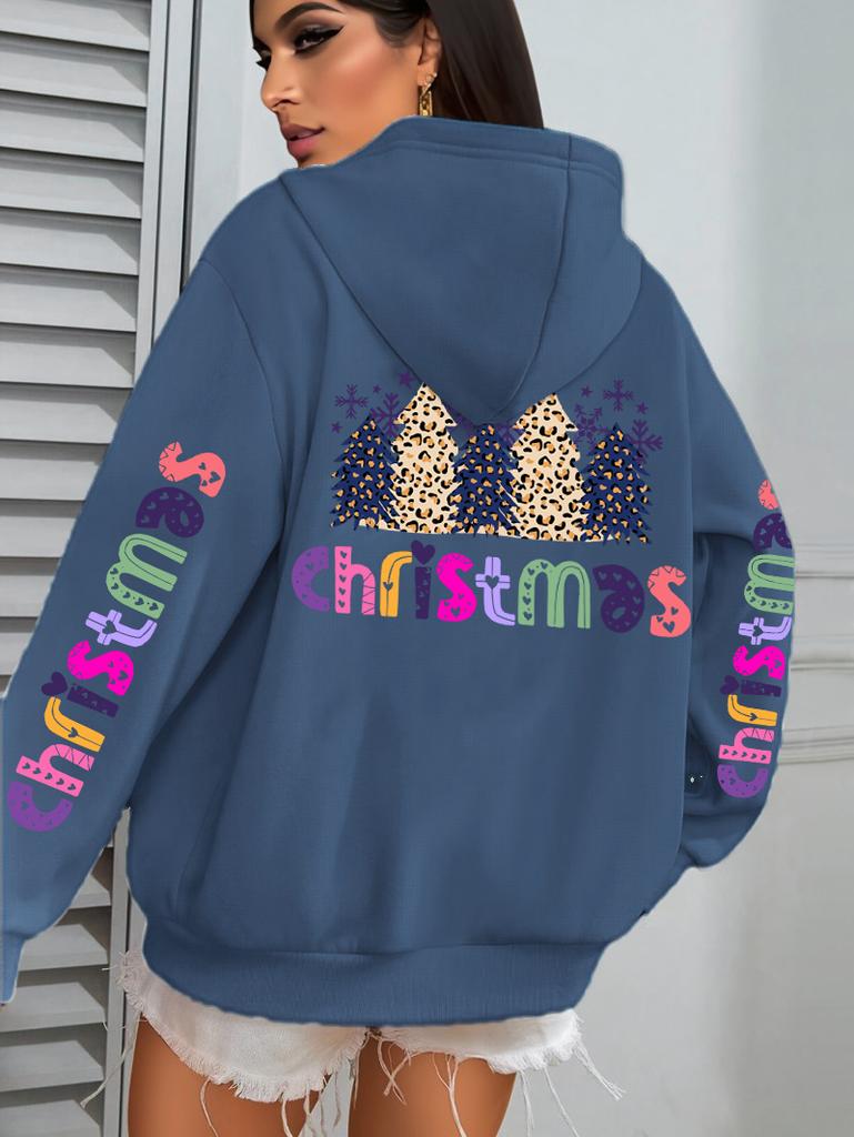 Merry Christmas Leopard Trees Printing Hoodie Women Hip Hop All-Match Streetwear Casual Loose Hoodies Fleece Autumn Woman Hoody