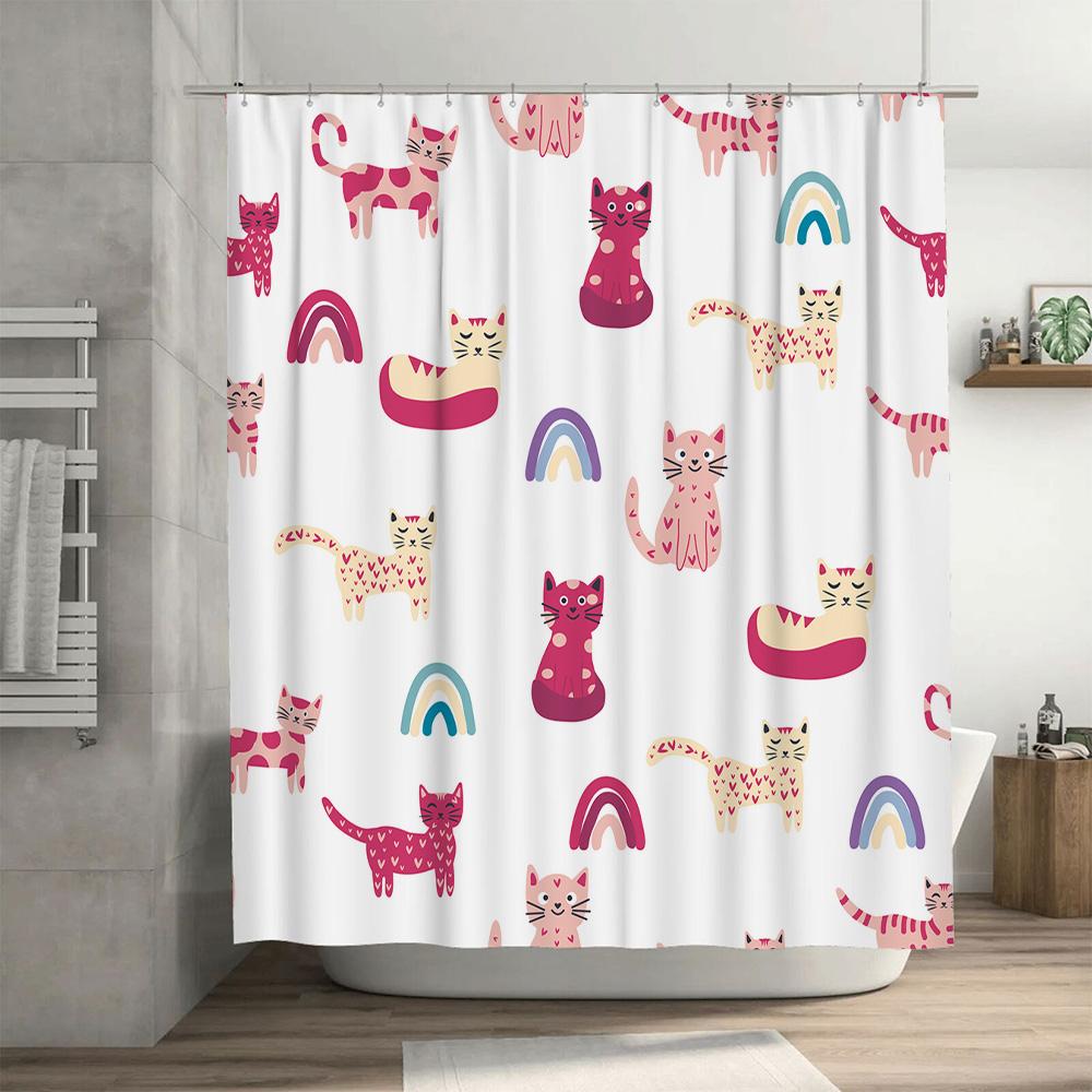 Cute Cat Print Shower Curtain Fabric Decor Pink Rainbow Flowers Pets Cartoon Bathroom Liner Home Accessories 3D Printed Plastic