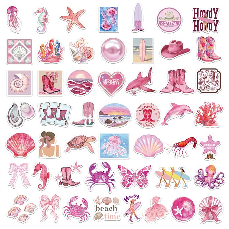 50PCS Aesthetic Pink Ocean Stickers Pack Pink Summer Graffiti Beachy Stickers for Luggage, Journal, Laptop, Kindle, Scrapbook