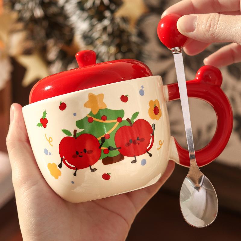 Apple High-value Water Cup Girls Ceramic Mug with Lid Christmas Coffee Breakfast Cup Birthday Gift Souvenir