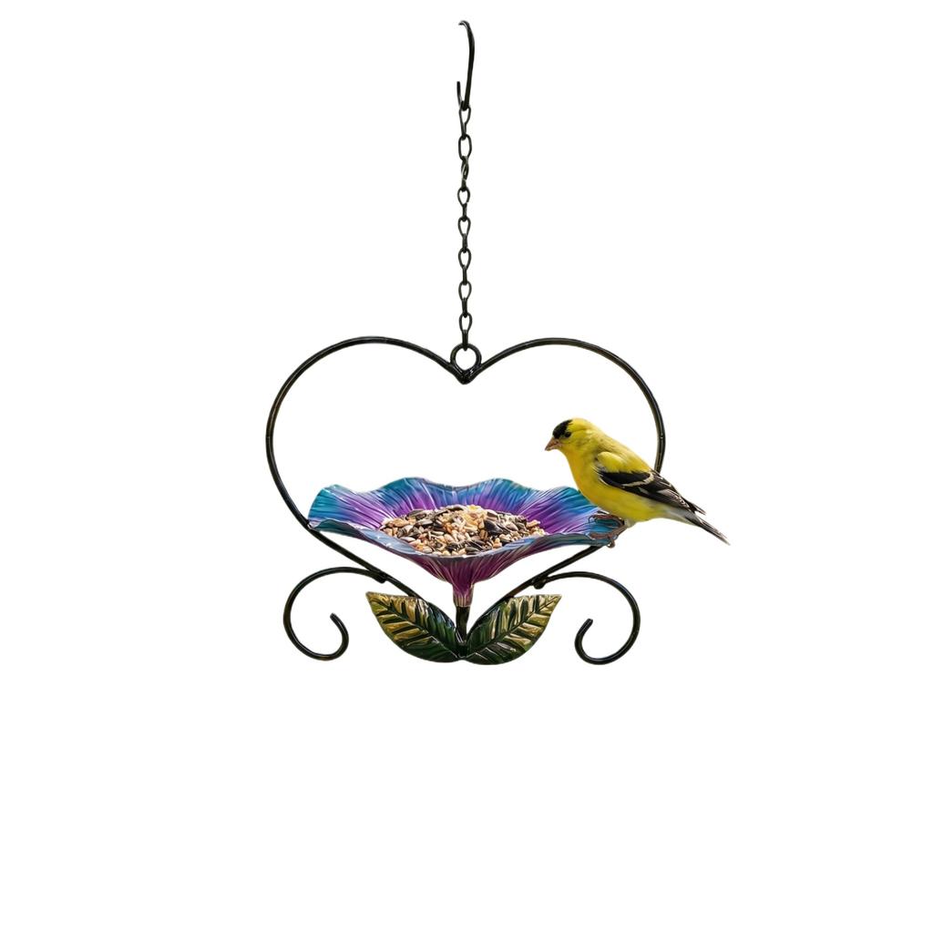 Metal Hanging Bird Feeder Outdoor Garden Decorative Bird Feeder with Floral Design and Heart Frame for Backyard Patio Porch Hanging