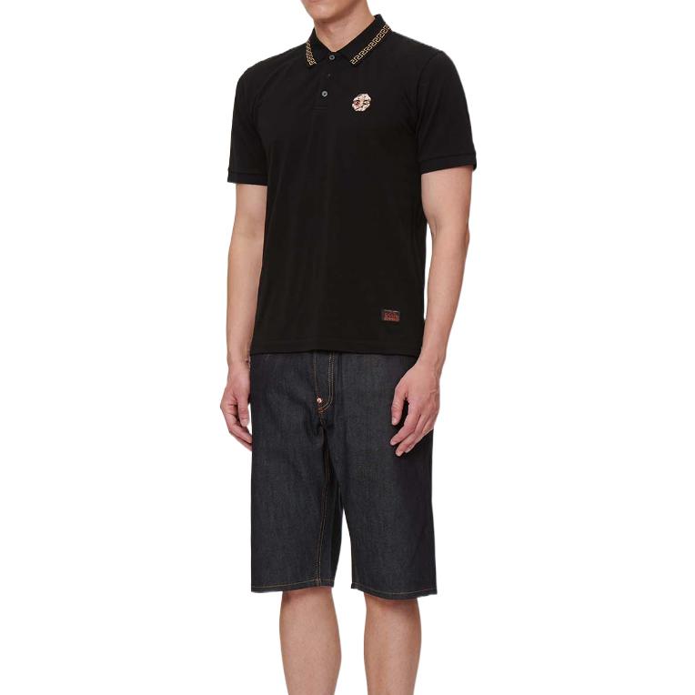 Evisu Floral Embroidery Short Sleeve Polo Shirt Men Polo Shirts Black 2ESHTM1PS510SL