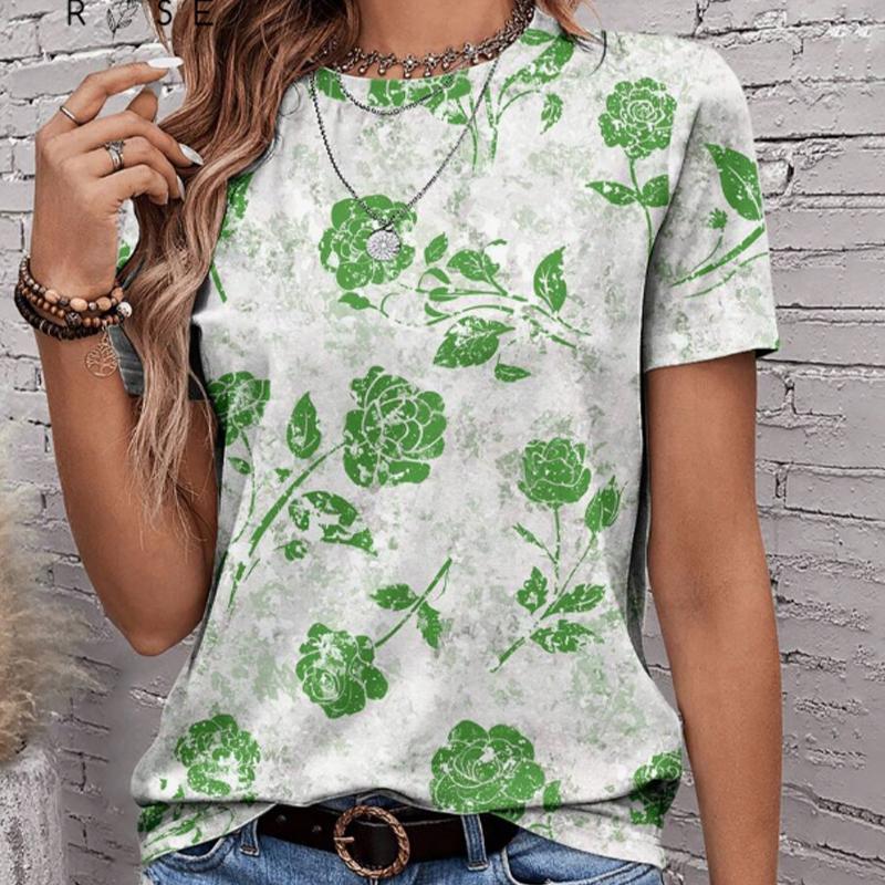 Women Summer T Shirt Flower Print Retro Fashion Short Sleeve Tees Casual   Printed  Tops