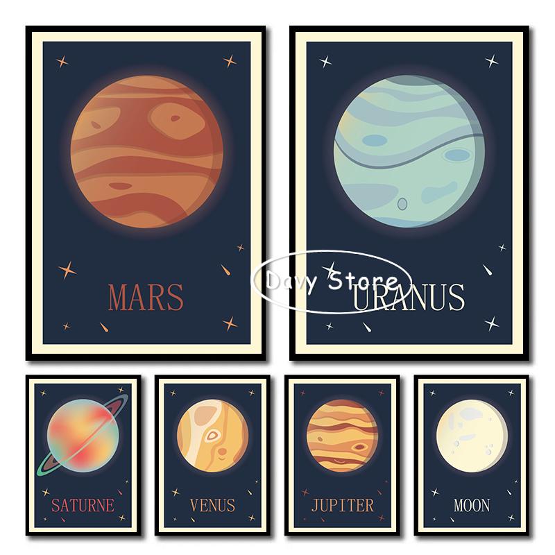 Retro Układ Słoneczny Planety Wenus Mars Uran Plakat Druk Malarstwo na Płótnie Astronomia Sztuka Ścienna Obraz do Salonu Dekoracja Domu