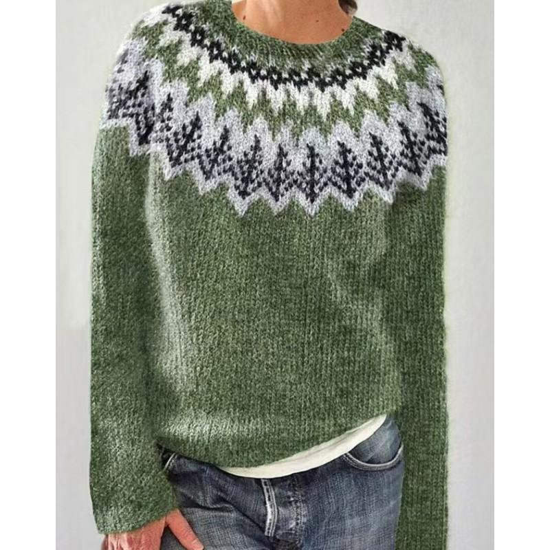 Womens Geometric Color Block Crewneck Sweater Loose Fit Long Sleeve Pullover Knit Top