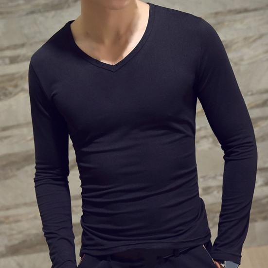 Men Shirt Solid Color Pullover Casual V Neck Long Sleeve Slim Autumn Base Shirt for Daily Wear