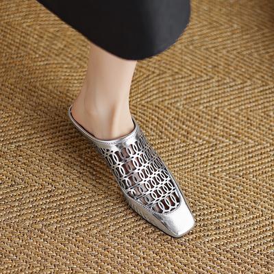 Fashion 2025 New Women Shoes Pumps Low-heel Square Toe Slippers Genuine Leather Retro Style Casual Working Shoes Woman Mueller Slippers