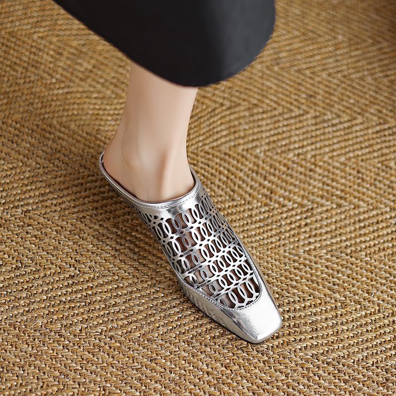 Fashion 2025 New Summer/Spring Women Mules Split Leather Women Shoes Square Toe Chunky Heel Shoes Cover Toe Women Sandals Soft Shoes