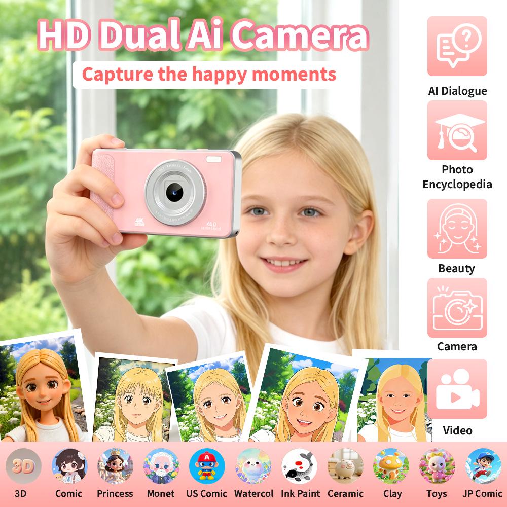 Kids' AI Card Digital Camera with Object Recognition, Dual-Band WiFi, Dual Cameras, Portable