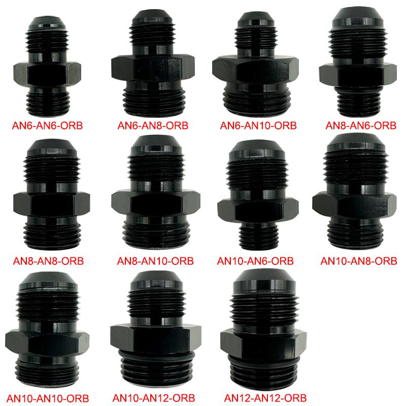 4X Fuel Line Hose Fitting Male Adapter ORB-6 ORB-8 ORB-10 ORB-12 O-Ring Boss To 6AN 8AN 10AN 12AN Aluminum Flare Fitting Black