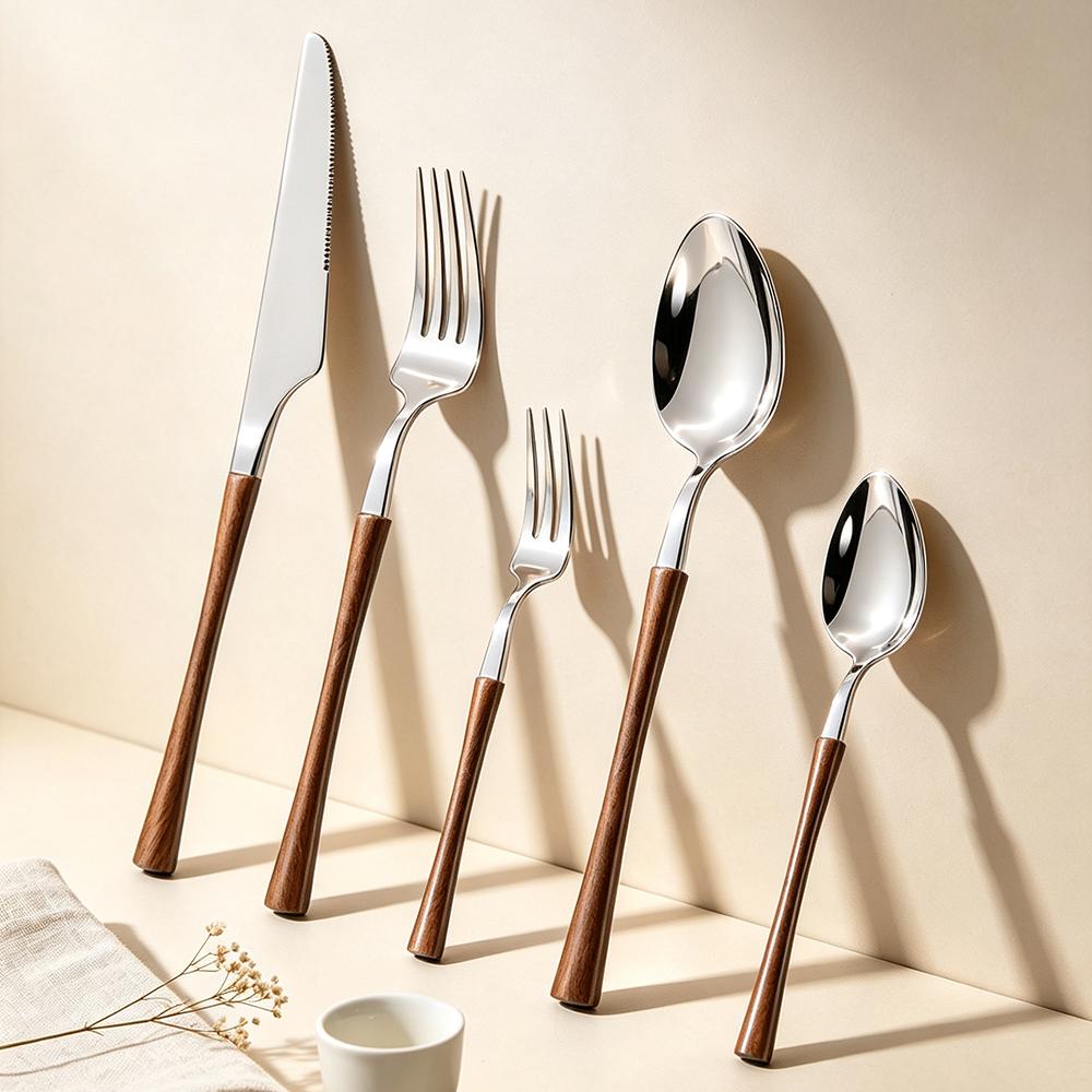 5Pcs Imitation Wooden Handle Dinnerware Cutlery Set Stainless Steel Tableware Western Knife Fork Spoons Silverware Flatware