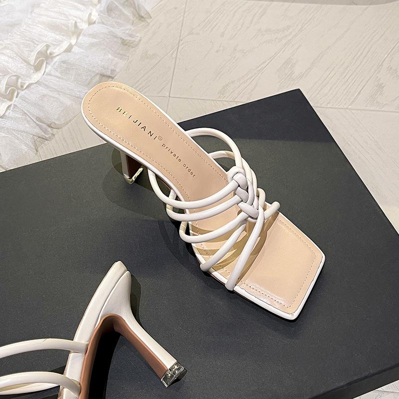 

Винтажные плетеные босоножки на ремешках на высоком каблуке, женские сандалии с квадратным носком на тонком каблуке, летняя новая уличная обувь 39 абрикосовый