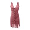 Women's Deep V Neck Sleeveless Fringe Tassel Mini Dress Western Cowgirl Slim Fit Button Down Bodycon Club Party Dress for Women