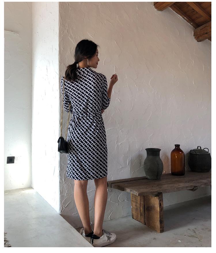 Women's Stand Collar High Waist Wrap Dress - Black & White, 3/4 Sleeve for Summer/Autumn