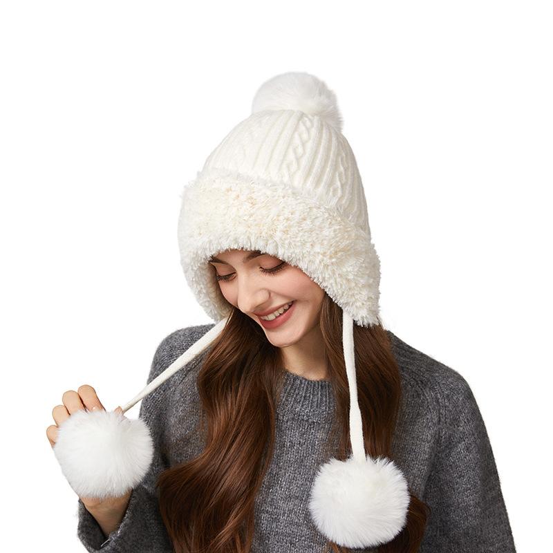Winter Thick Ear Protection Knitted Cap Outdoor Windproof Velvet Three-Hair Ball Tether Warm Cap
