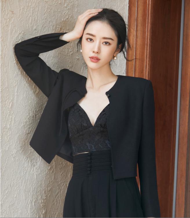 Beige Chinese Style OL Midi Skirt Set with Round Neck and Front Slit