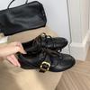 Genuine Leather Retro Style Women's Lace-Up Casual Ballet Shoes with Soft Sole and Cowhide Belt Buckle