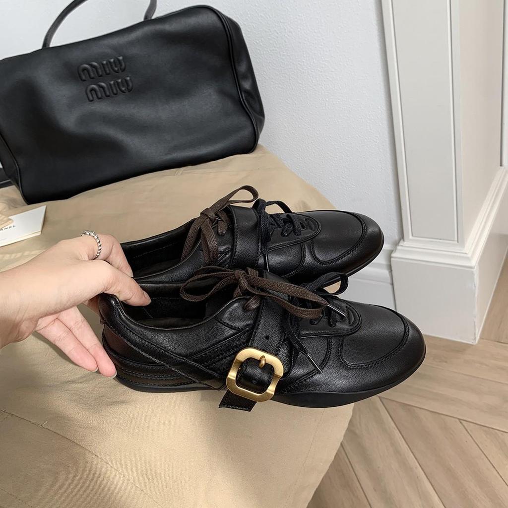 Genuine Leather Retro Style Women's Lace-Up Casual Ballet Shoes with Soft Sole and Cowhide Belt Buckle