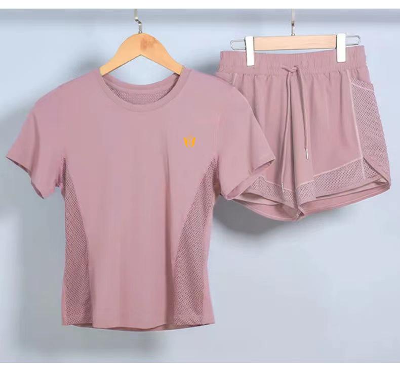 Women's Breathable Summer Yoga and Running Set: Loose Fit, Quick-Drying Shorts with Short Sleeves.