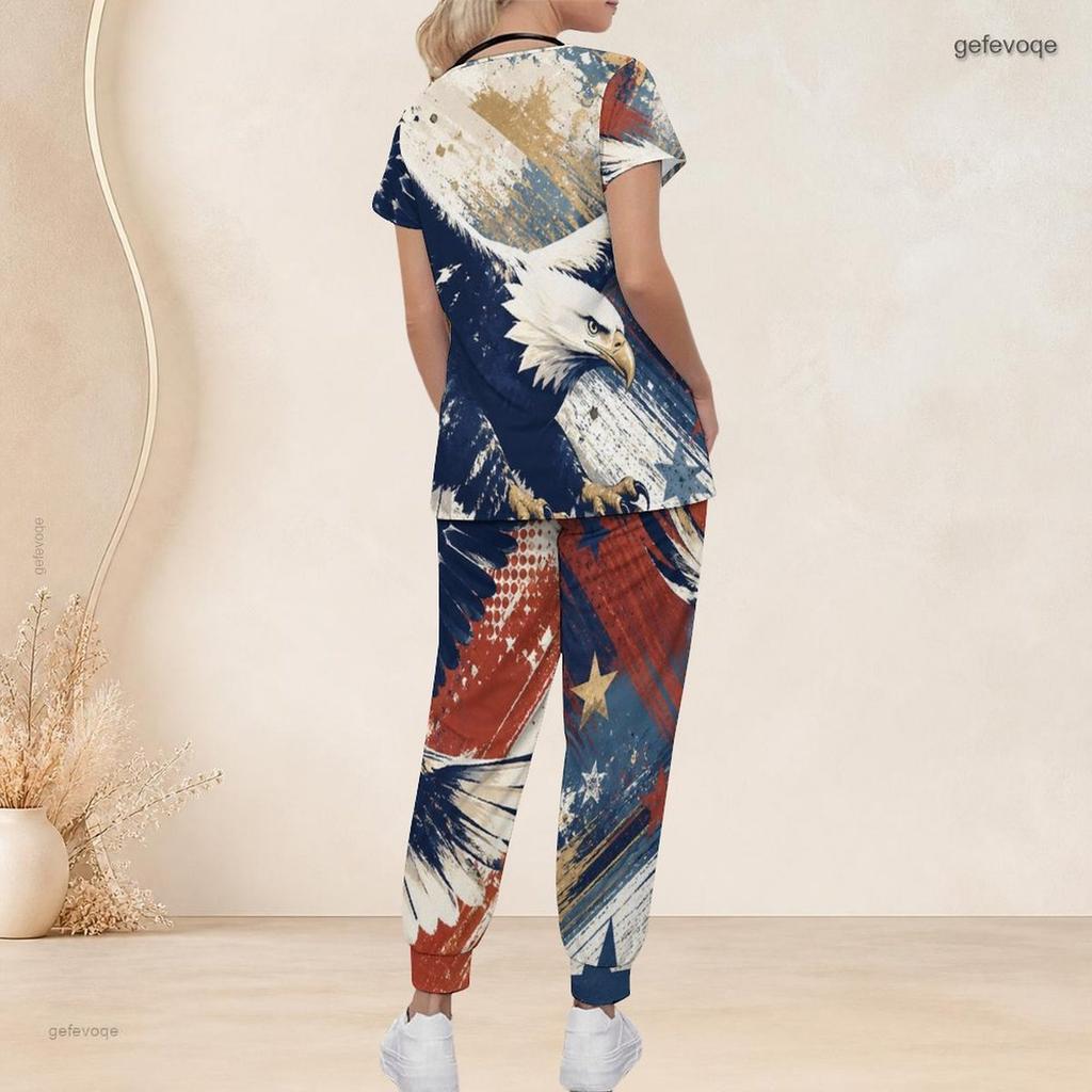Damen Übergröße V-Ausschnitt Kurzarm Kasack-Set Marineblau Mit Roten Punkten Dekor Print Krankenschwester Uniform Set