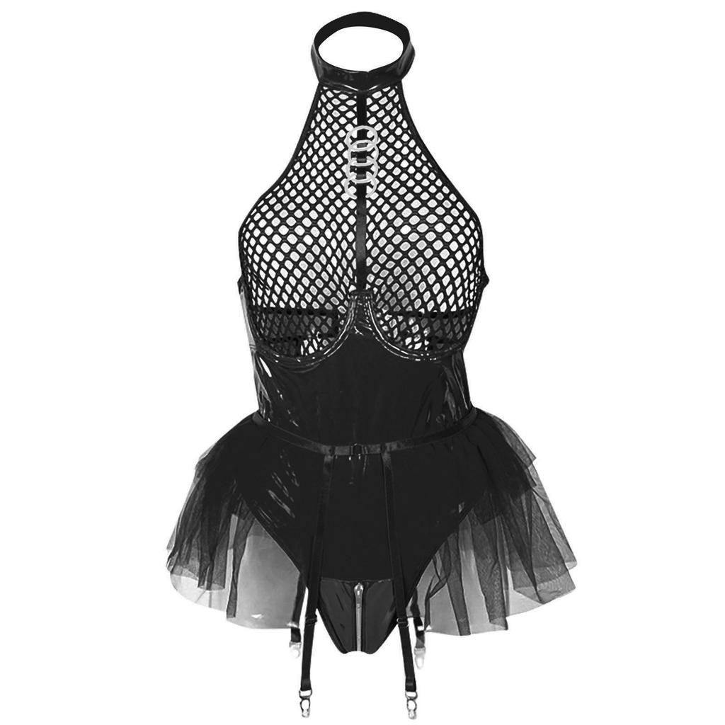 Fun Lingerie Sexy Women's Zipper Mesh Panel Lacquer Leather Lingerie Charm Set