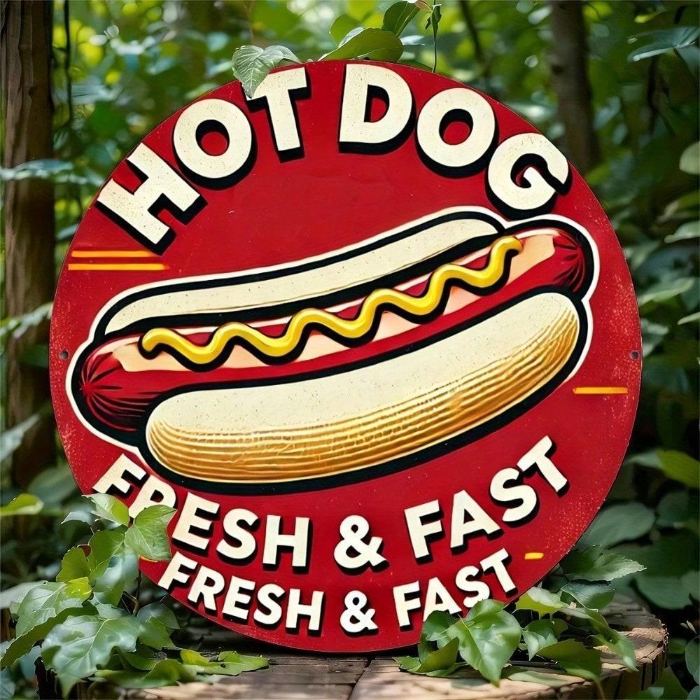 1pc Vintage Hot Dog Round Metal Sign 8x8 Inch Retro Tin Wall Art For Bar Cafe Garage Farmhouse Decor