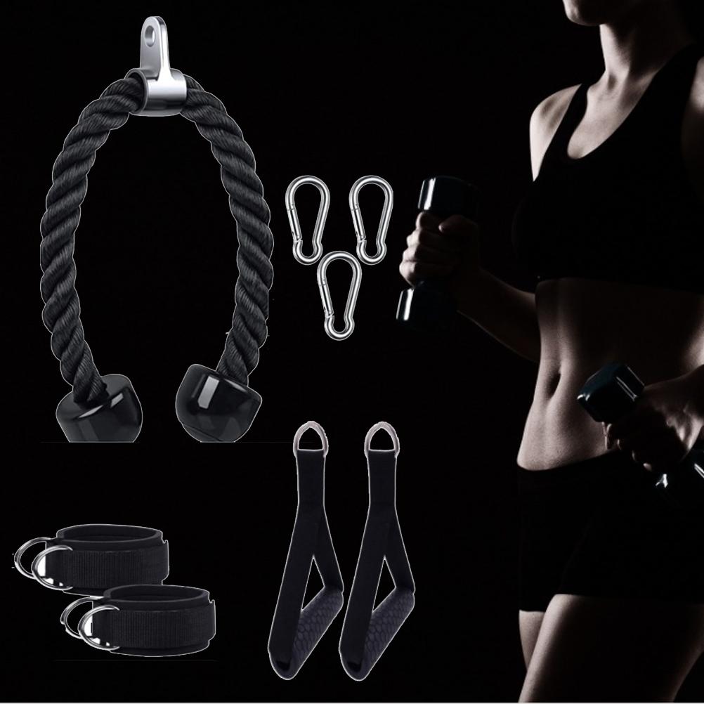 Fitness Pull Rope Set 2 Exercise Handles 3 Carabiner Clips Tricep Pull Down Rope Cable Machine Attachments for Gym Black