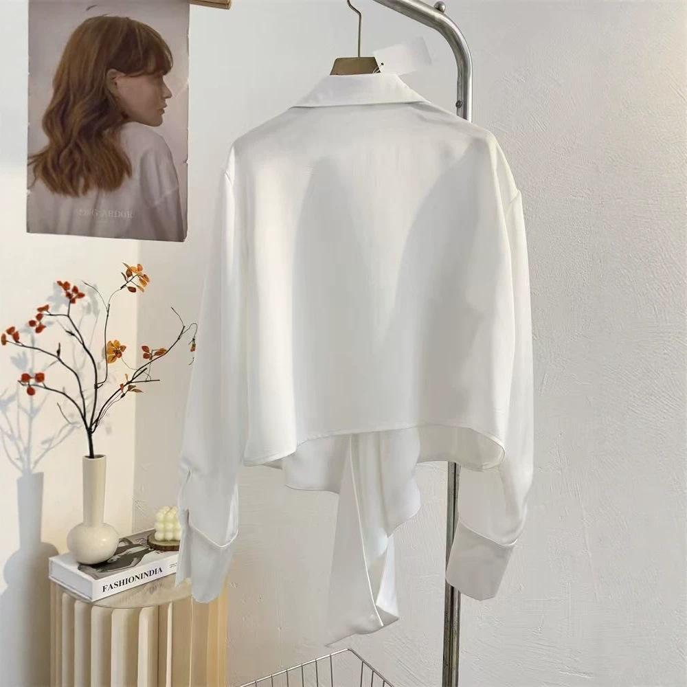 1116 New French Kinked White Shirt, Drape Temperament Short Waist Design Long-sleeved Shirt Women