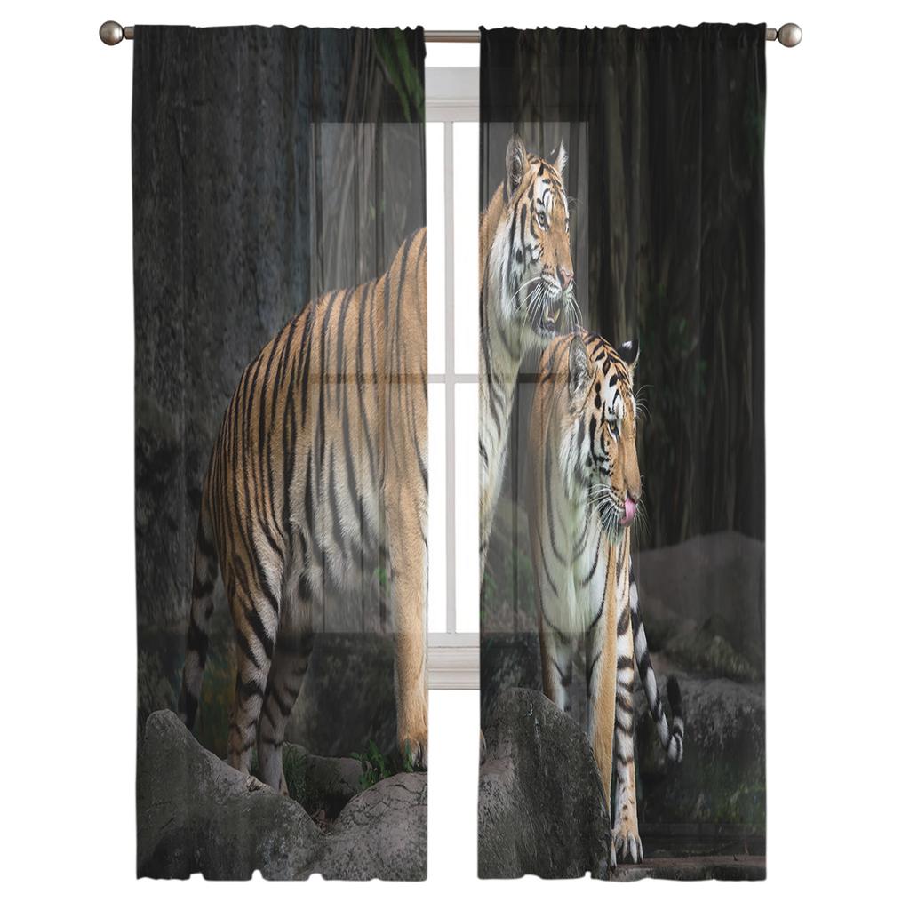 Wildlife Two Tigers Forest Chiffon Sheer Curtains for Living Room Bedroom Home Decoration Window Voile Tulle Curtain Drapes