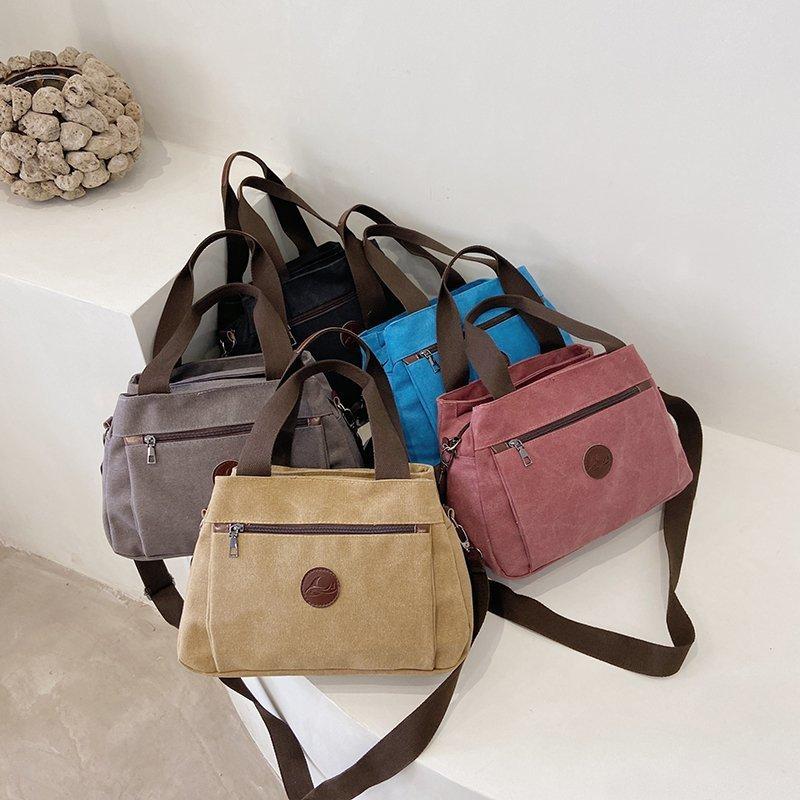 Canvas Handbag Multi-pocket Large-capacity Canvas Bag Solid Color Casual Simple Shoulder Bag Messenger Bag Retro Women's Bag