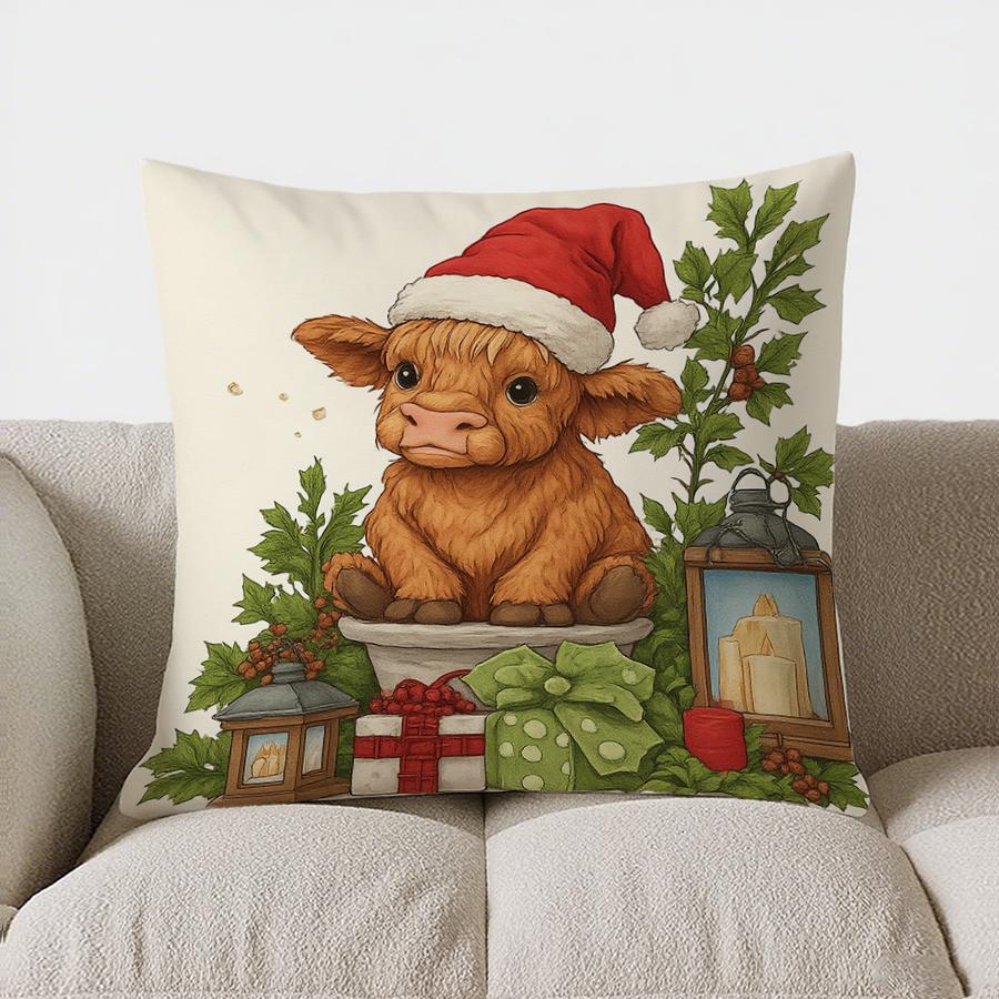 Home Decor Festive Highland Cow Christmas Pillow Cover Pattern Cushion Cover Suitable For Sofa Bedroom Car Pillow Cover
