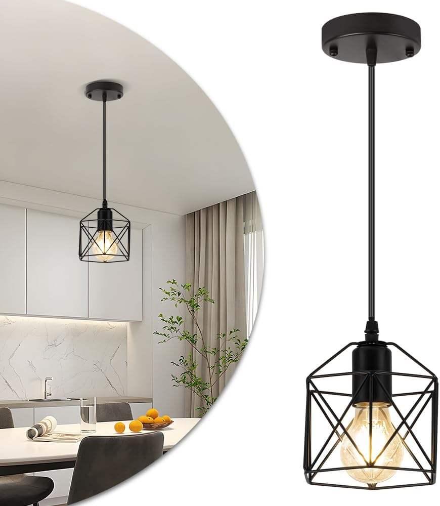 US Stock Minimalist Cage Pendant Lamp Black Metal Chandelier Adjustable Hanging Light Fixture for Restaurant Coffee Lighting