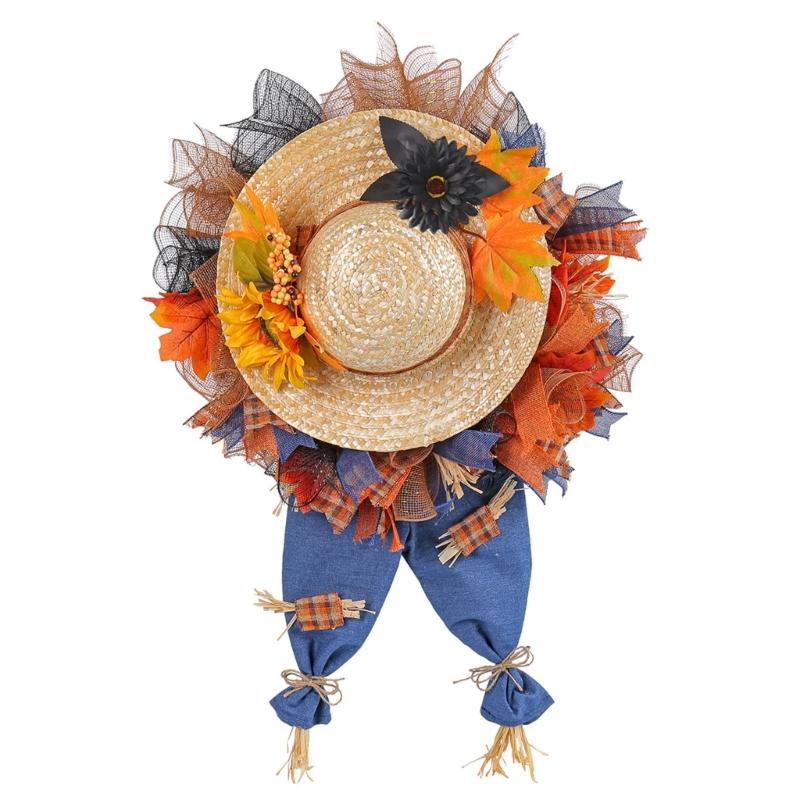 

Harvest Festival Theme Door Wreath Straw Hat and Denims Jeans Garlands for Indoor Outdoor Thanksgiving Party Supplies 1