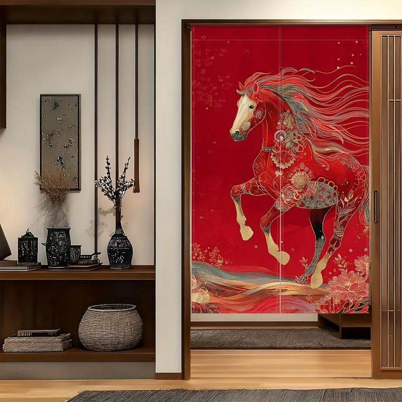 VIKAMA Torii Gate Curtain, Suitable For Kitchens, Decorated With Lunar New Year Red Horse Motif, Room Decor