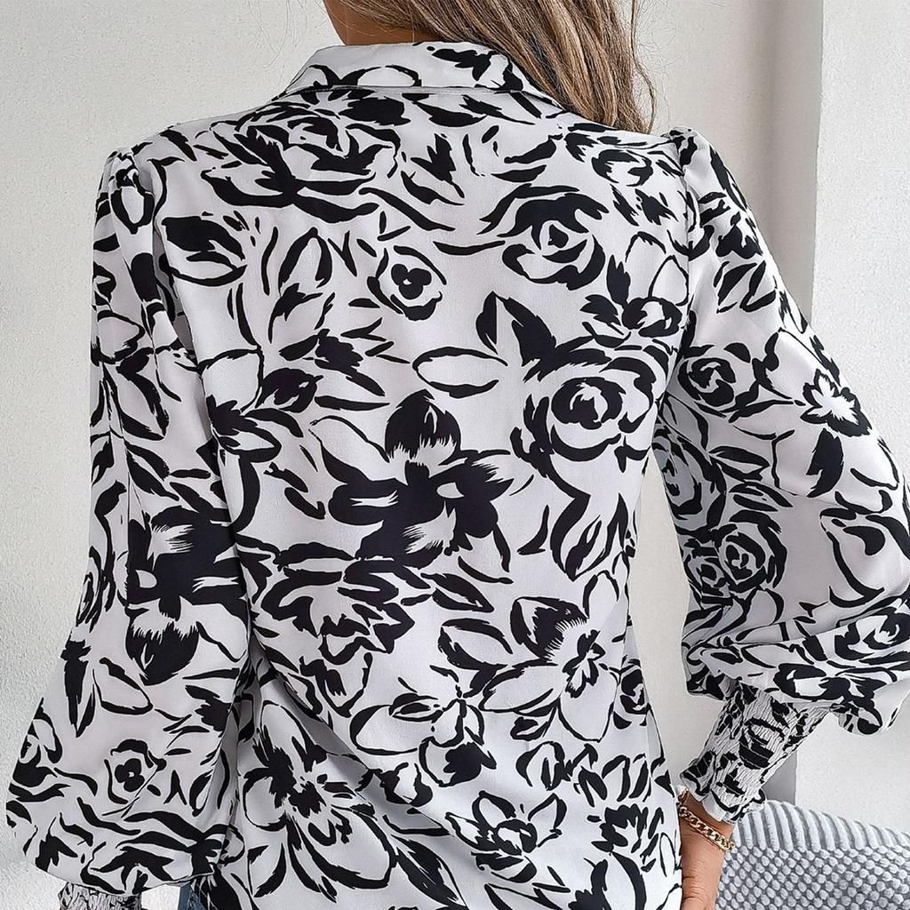 Women's Fashion Contrast Color Flower Long Sleeve Lapel Shirt Long Sleeve Top