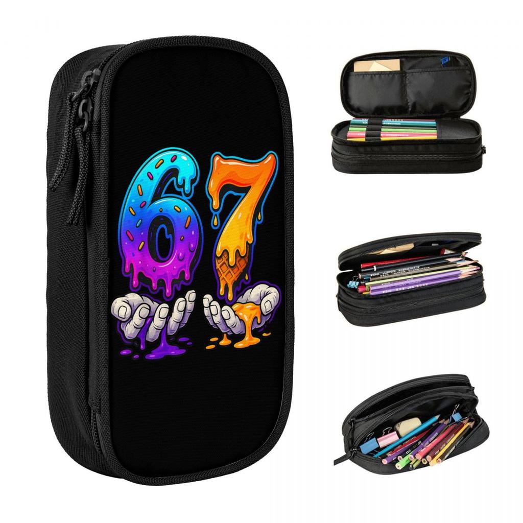 Ice Cream Drip 6 7 Number 67 Six Seven Hands Meme Pencil Case Pencil Box Girls Boys Double Layer Fashion Pencil Cases Supplies