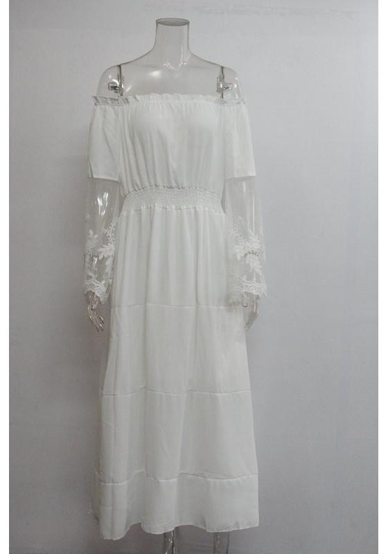Abito Maxi da Donna con Spalle Scoperte in Pizzo Stile Bohemien per le Vacanze Abito Lungo con Maniche Corte e Silhouette Fluida per l'Estate