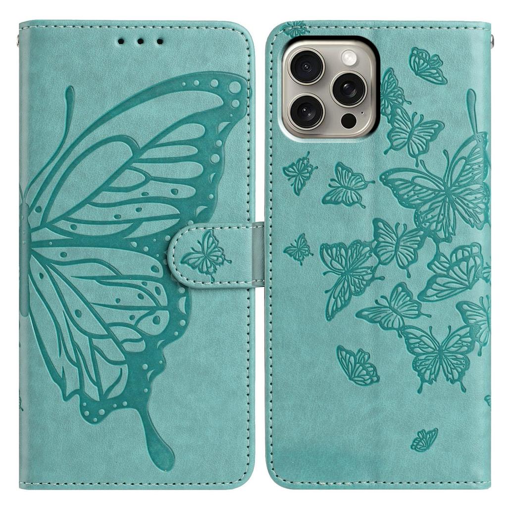 For iPhone 16 Pro Max Case Butterfly Imprinted Wallet Stand PU Leather Flip Phone Cover with Strap