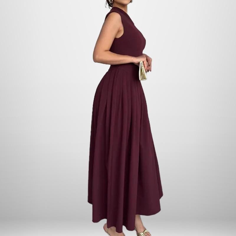 Rochie nouă cu temperament pentru femei, elegantă și la modă, monocoloră, fără mâneci, cu umerii goi și pliuri