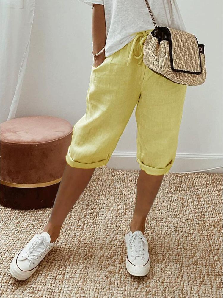 Thickened Fabric Women's Cotton Linen Pocket Elastic Casual Pants Women's Pants Quarter Pants