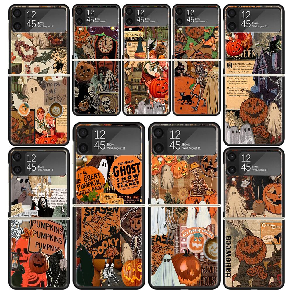 October Fall Halloween Spooky Pumpkin Clear Phone Case For Samsung Z Flip 7 6 5 4 3 Galaxy ZFlip7 ZFlip6 ZFlip5 ZFlip4 ZFlip3 5G