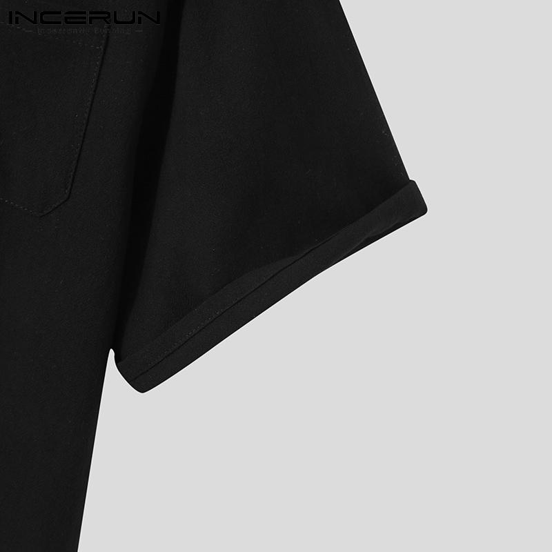 INCERUN Tricouri Topuri Casual de Vară pentru Bărbați Vintage cu Mânecă Scurtă, cu Șireturi la Gât, Culoare Solidă